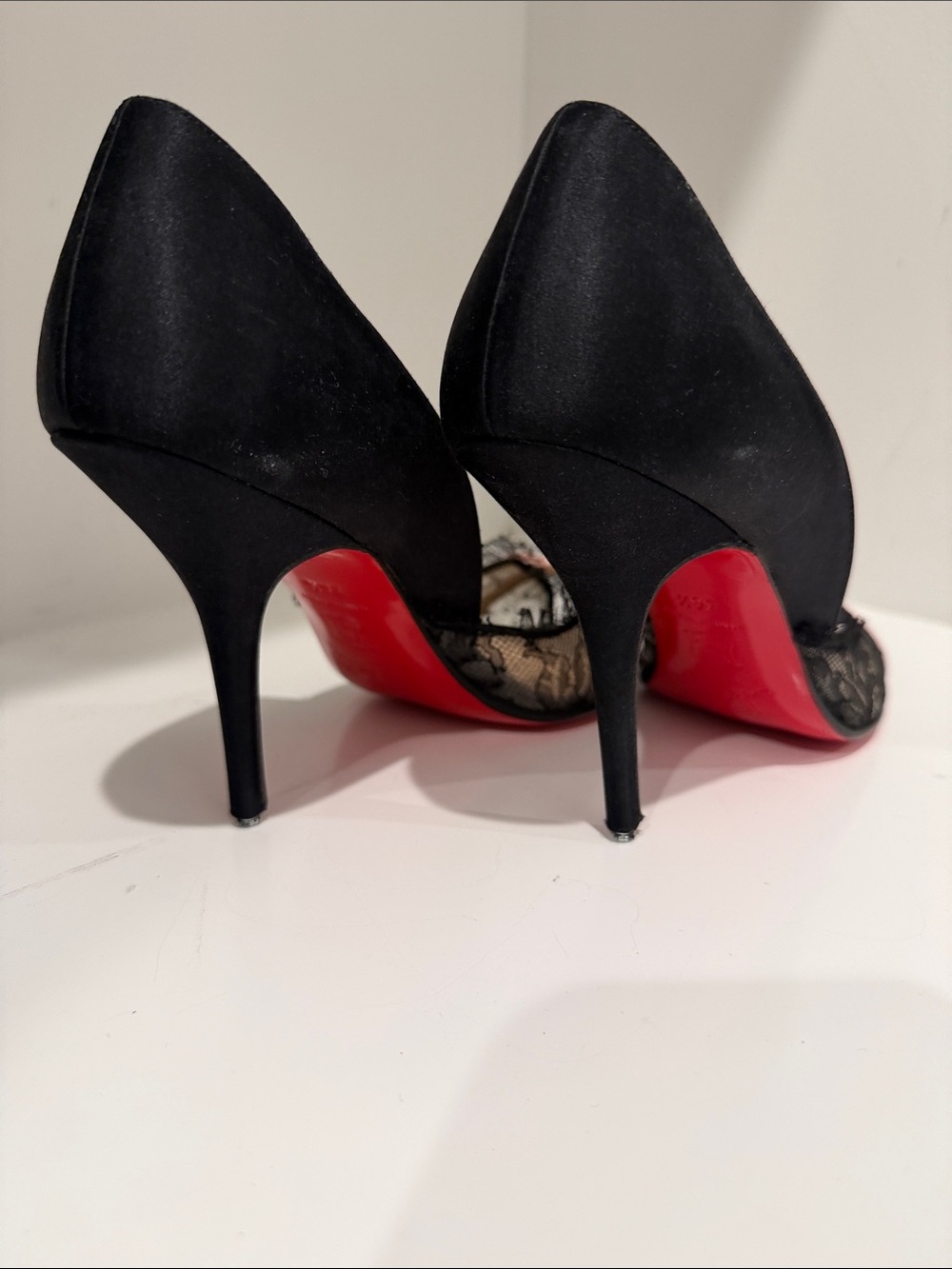 Christian Louboutin Black Lace Peep-Toe Heels with Pink Bow Accent - Picture 4 of 9